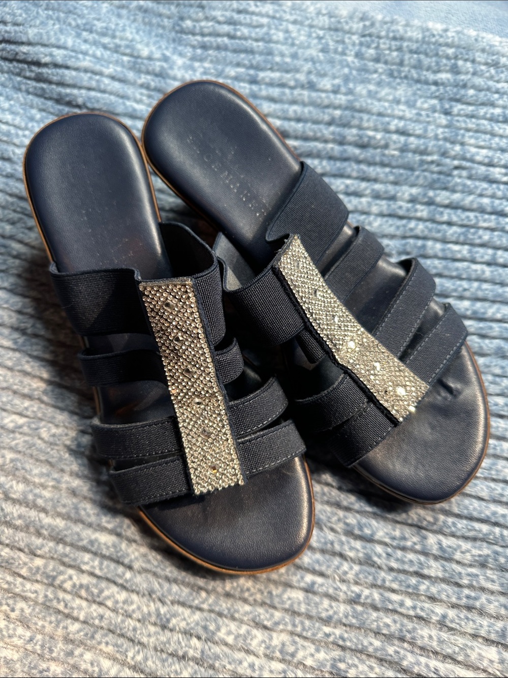 Italian Shoemakers Black Slide Sandals with Silver Crystal T-Strap